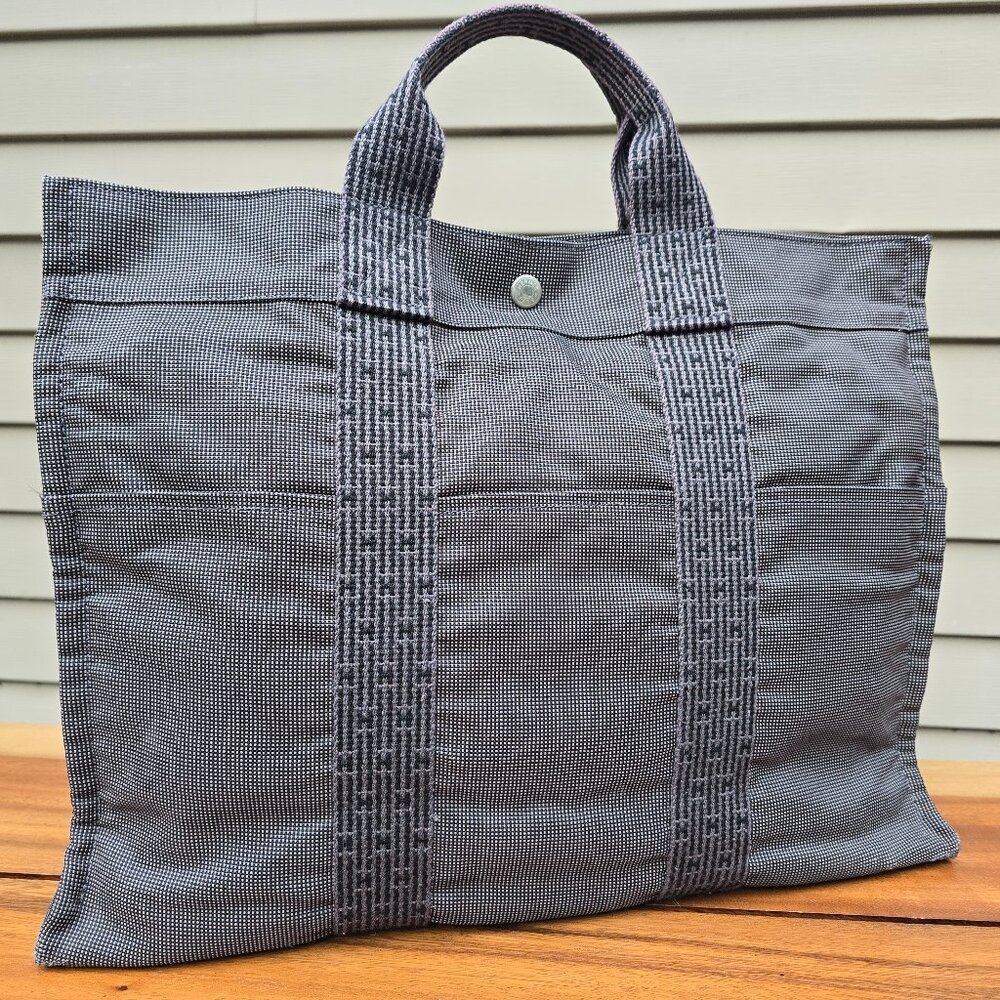 Hermes Black/Grey Canvas Herline MM Tote Bag
